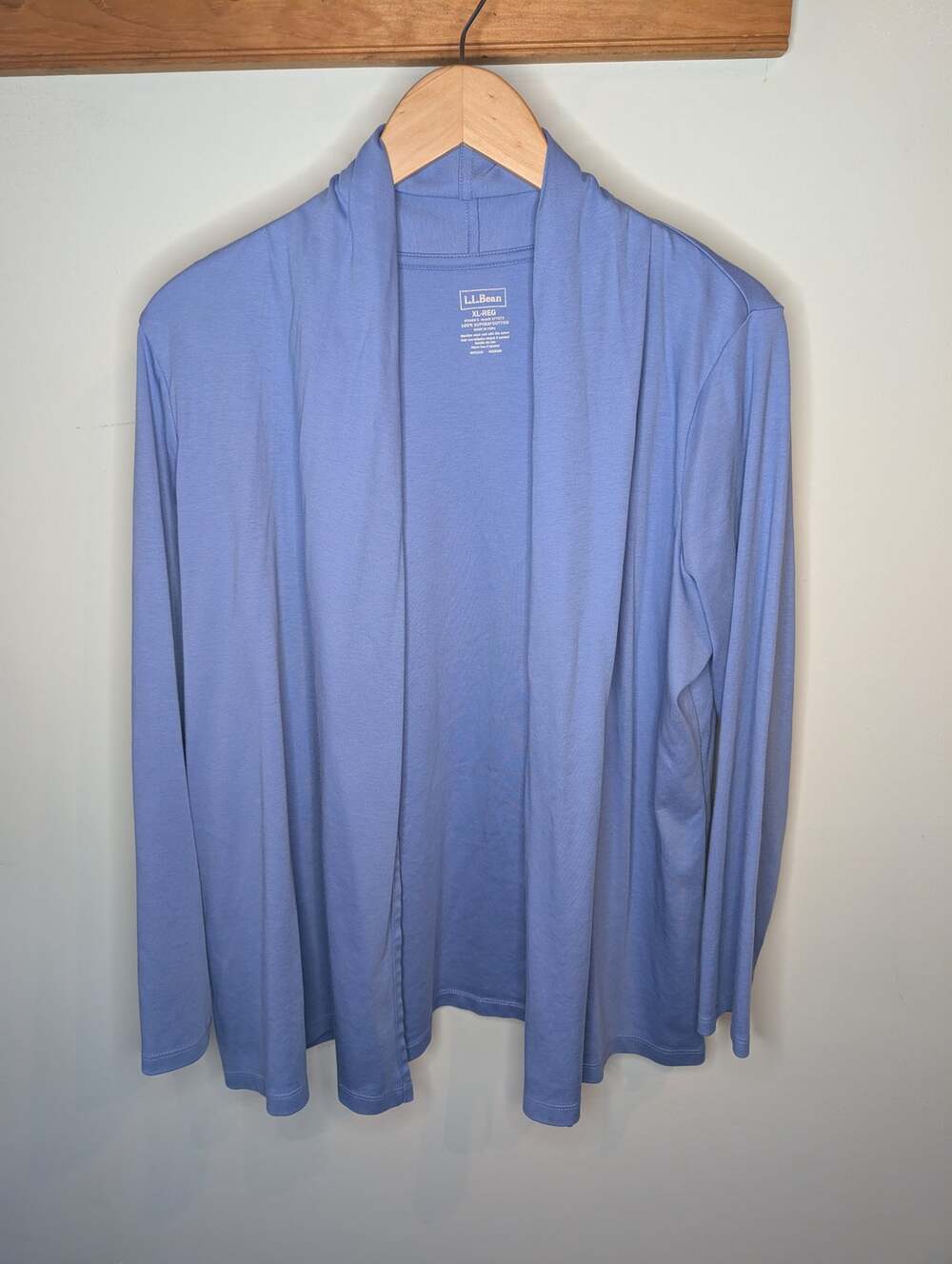 LL Bean Womens Supima Cotton Open Front Cardigan XL Periwinkle Blue Drape Layer